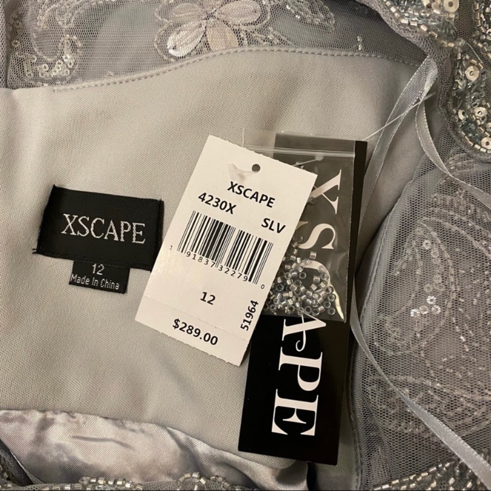 XSCAPE Women's Embellished Short Sleeve Chiffon Gown in Silver - Picture 12 of 12